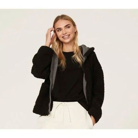 SPLENDID Brandy Fuzzy Fleece Sherpa Jacket XS Oversized Full Zip Black Hooded A2 - Picture 1 of 6